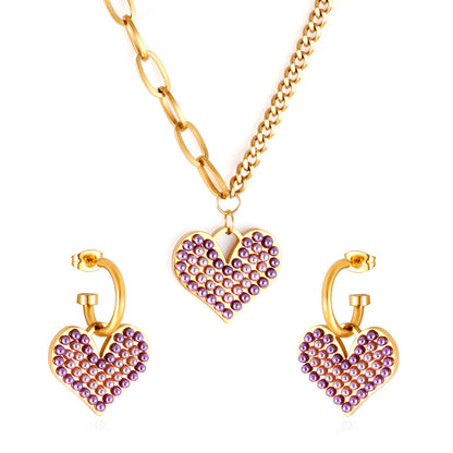 Purple Mix White Pearl Heart-shaped Enamel Girls Kids Jewelry Set