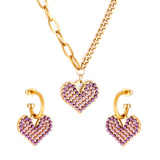 Purple Mix White Pearl Heart-shaped Enamel Girls Kids Jewelry Set