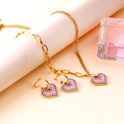 Purple Mix White Pearl Heart-shaped Enamel Girls Kids Jewelry Set
