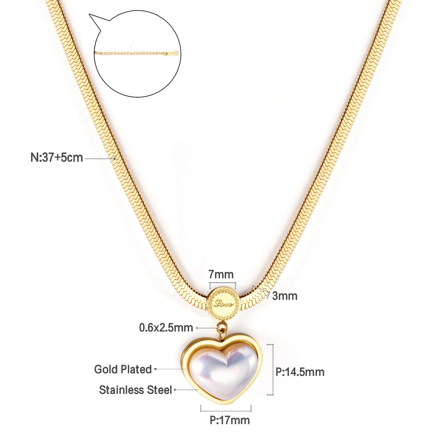 Heart pearl pendant necklace 37+5cm gold color