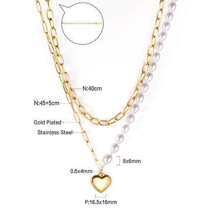 Pearl + heart pendant double chain 45+40+5cm gold color