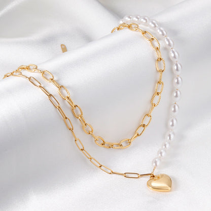 Pearl + heart pendant double chain 45+40+5cm gold color