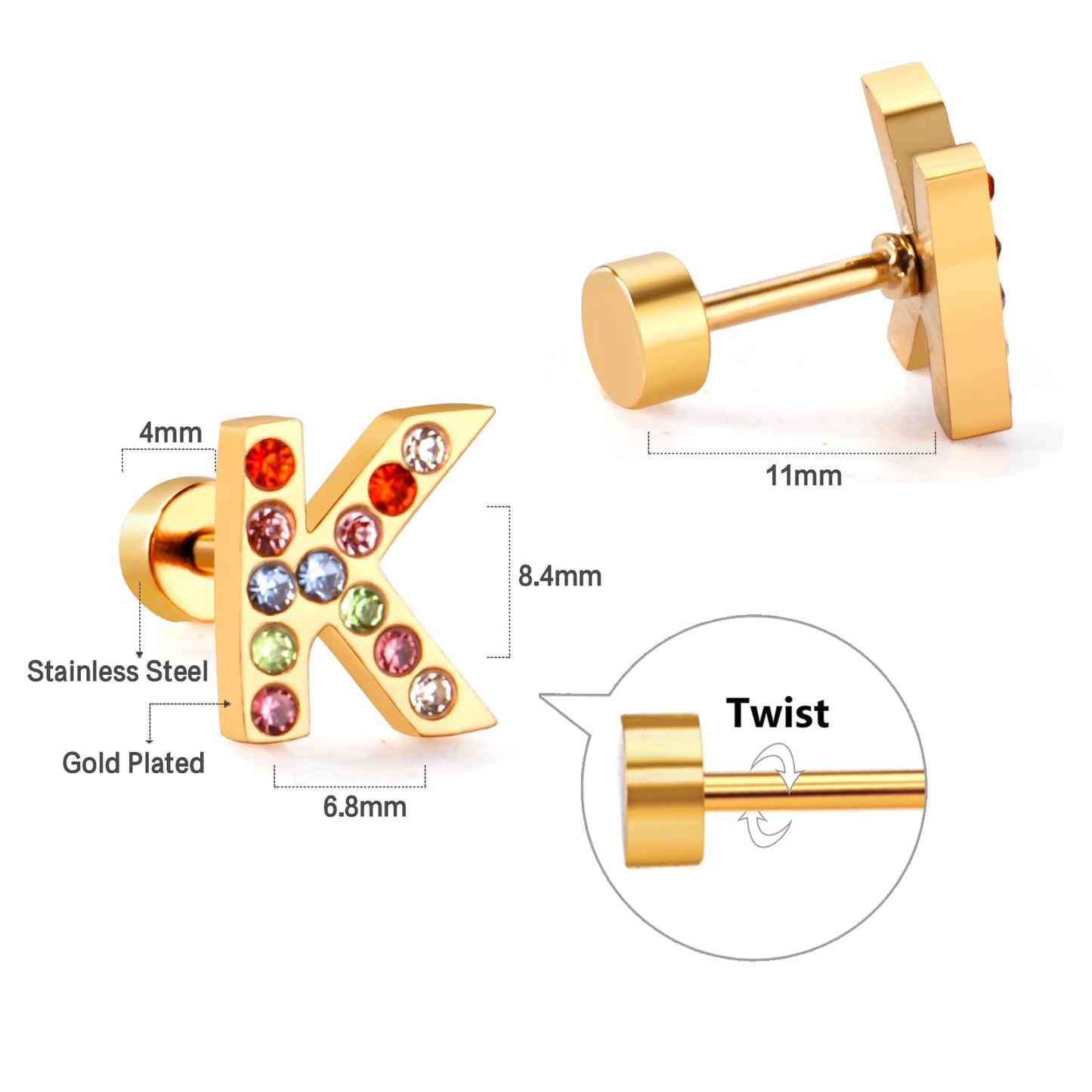 12 pairs Steel/Gold Monogram Screwback Earrings A-Z