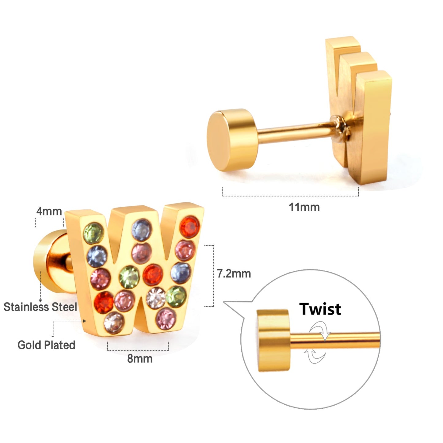 12 pairs Steel/Gold Monogram Screwback Earrings A-Z