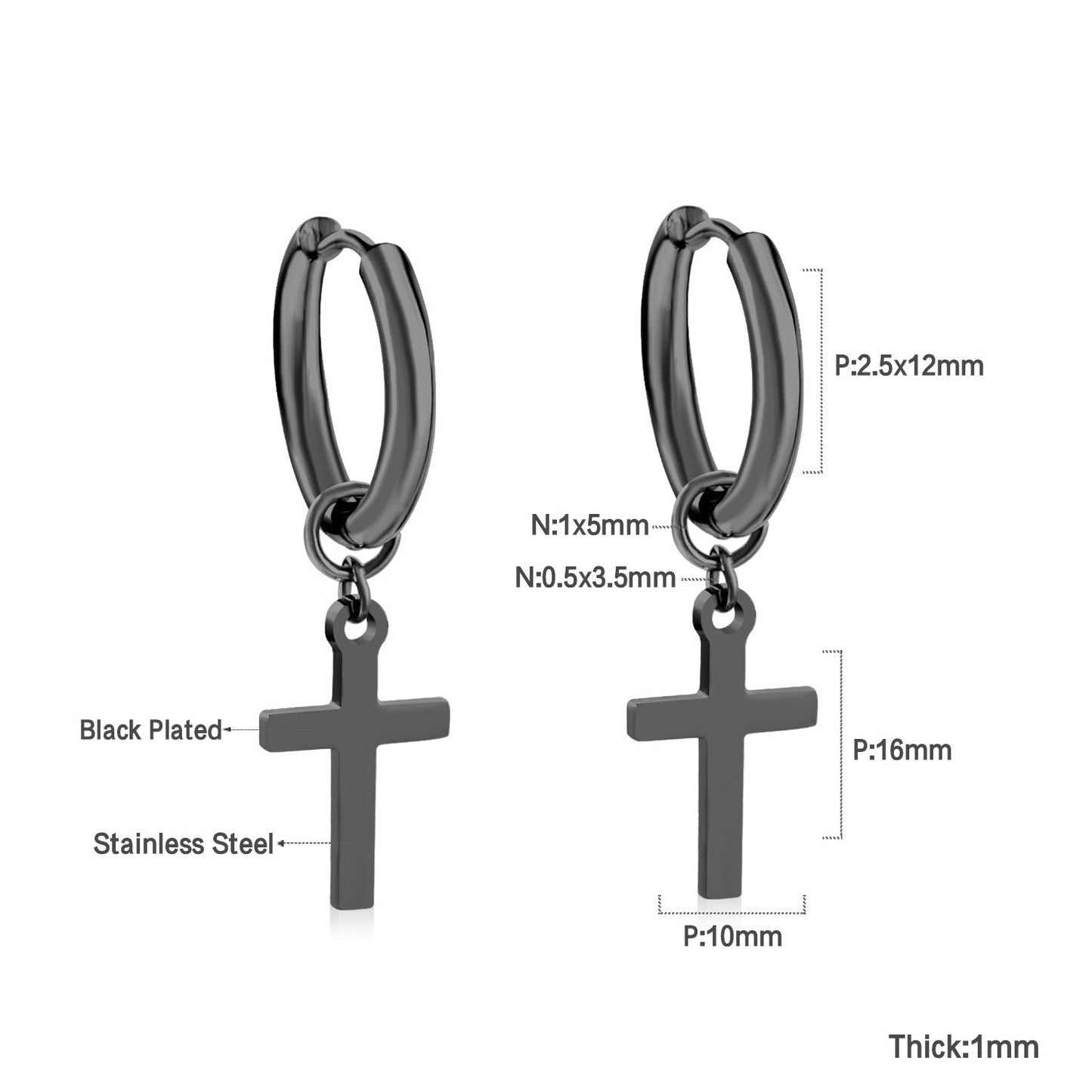 2.5 12mm Internal Wire Earrings-Steel & Gold & Rose Gold & Black Polished + 10x16mm Crosses