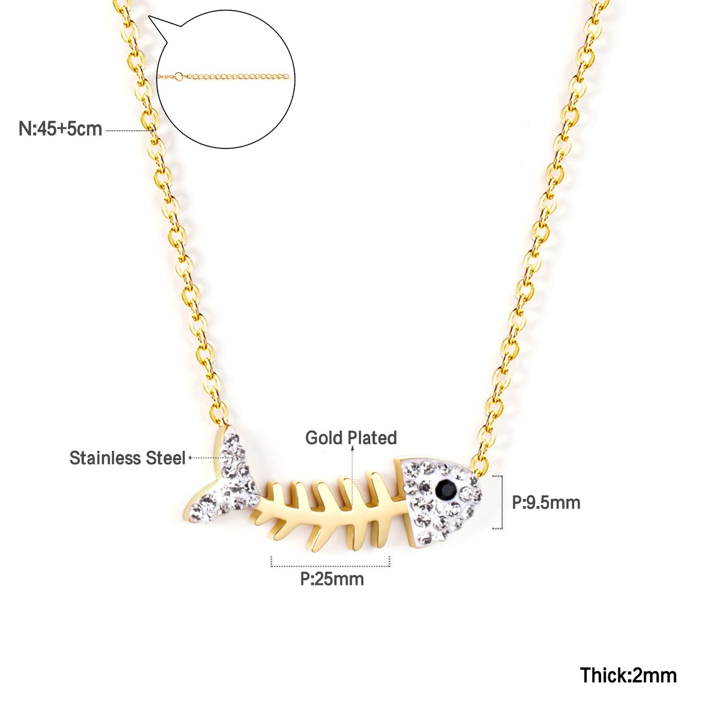 25*9.5mm fish bone pendant with white diamonds necklace 45+5cm