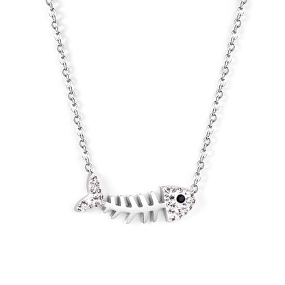 25*9.5mm fish bone pendant with white diamonds necklace 45+5cm