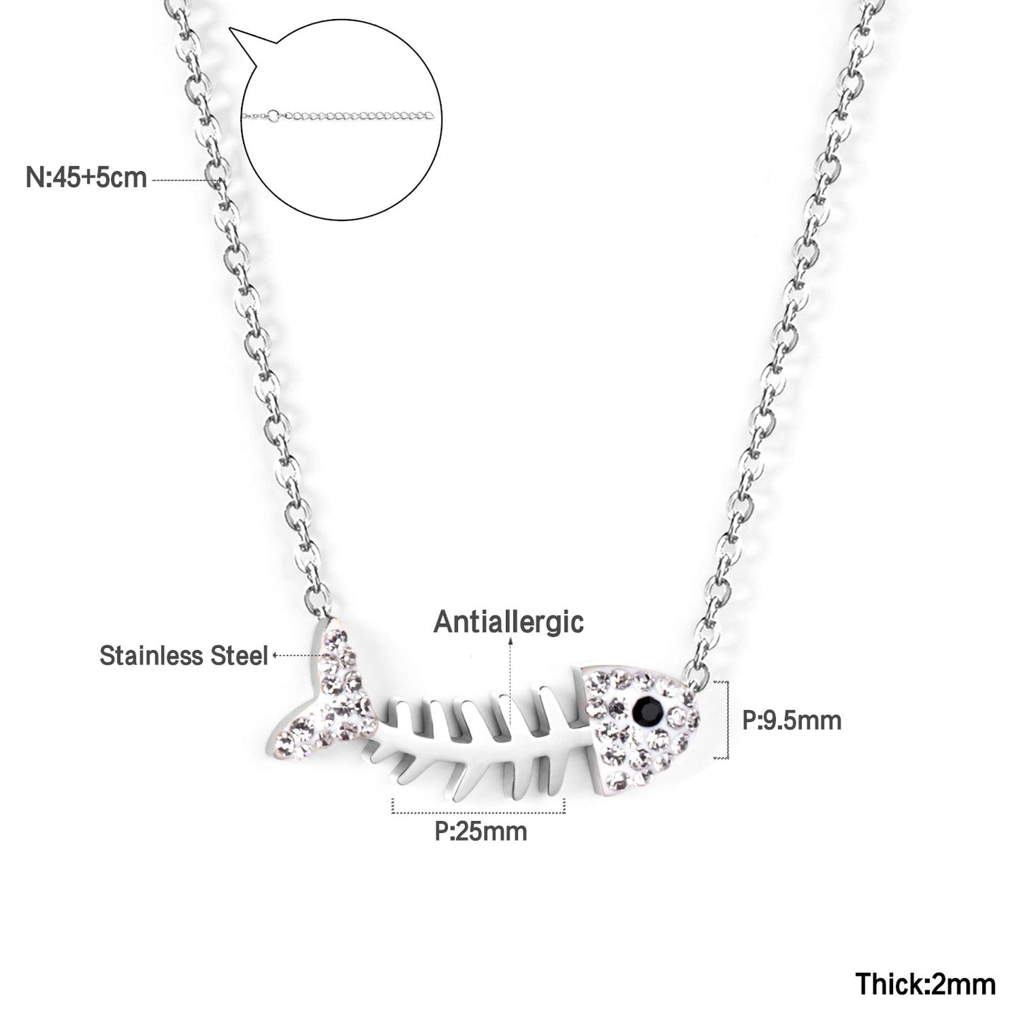 25*9.5mm fish bone pendant with white diamonds necklace 45+5cm