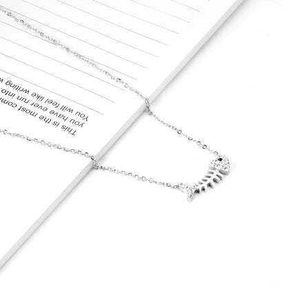 25*9.5mm fish bone pendant with white diamonds necklace 45+5cm