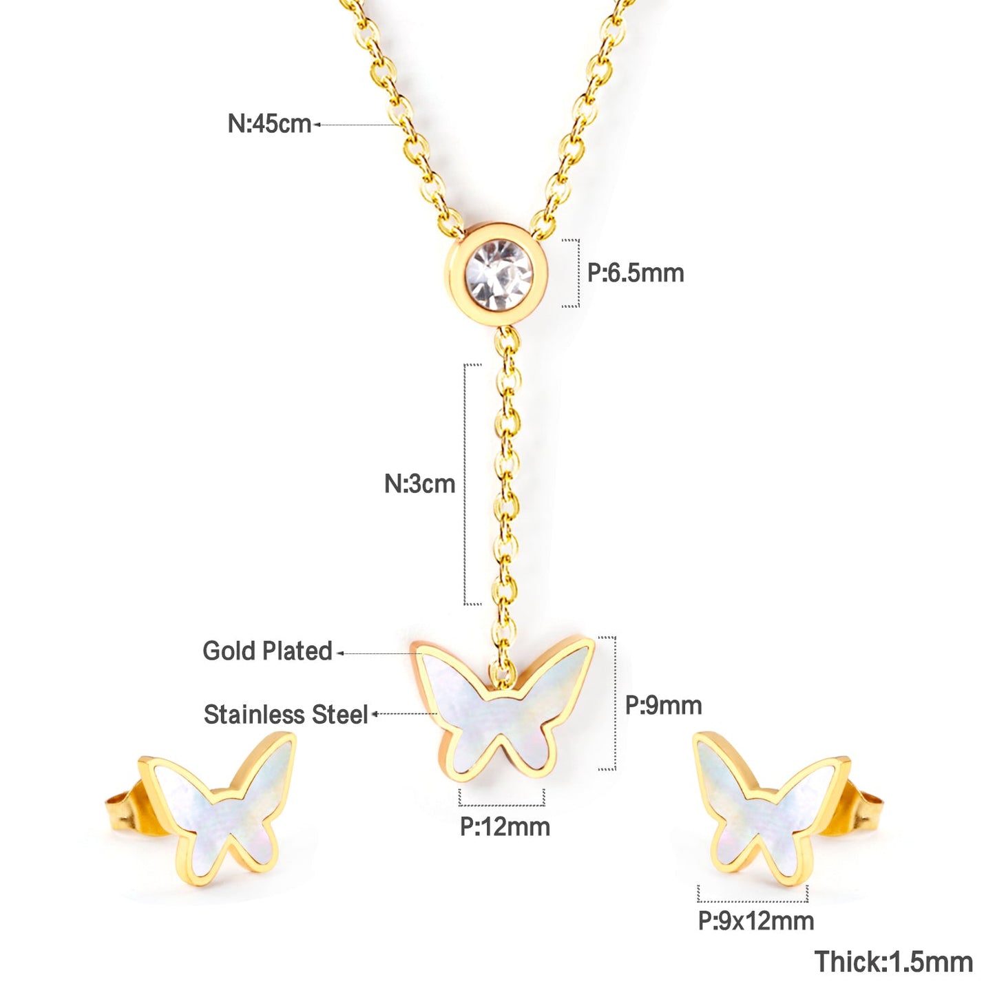 White Diamonds + Butterfly White Shells Jewelry Set Steel/Gold