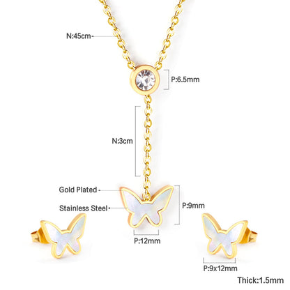White Diamonds + Butterfly White Shells Jewelry Set Steel/Gold