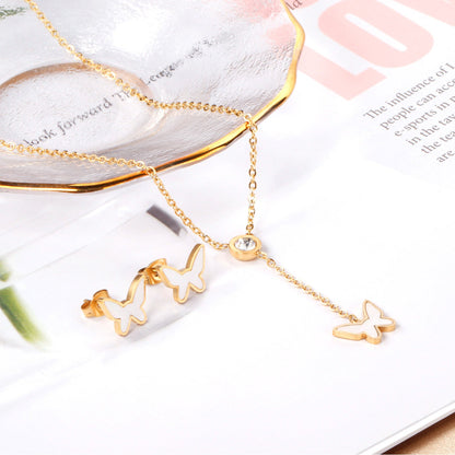 White Diamonds + Butterfly White Shells Jewelry Set Steel/Gold