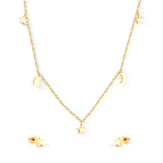 Set of 3 stars + 2 moons in glossy steel / gold color
