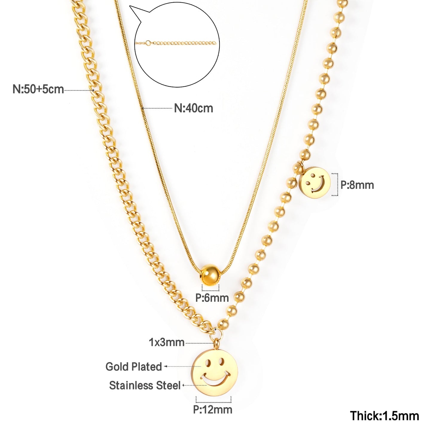 6mm steel beads + large 12 small 8 smiley face pendant necklace 50+5cm