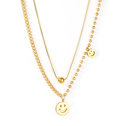 6mm steel beads + large 12 small 8 smiley face pendant necklace 50+5cm