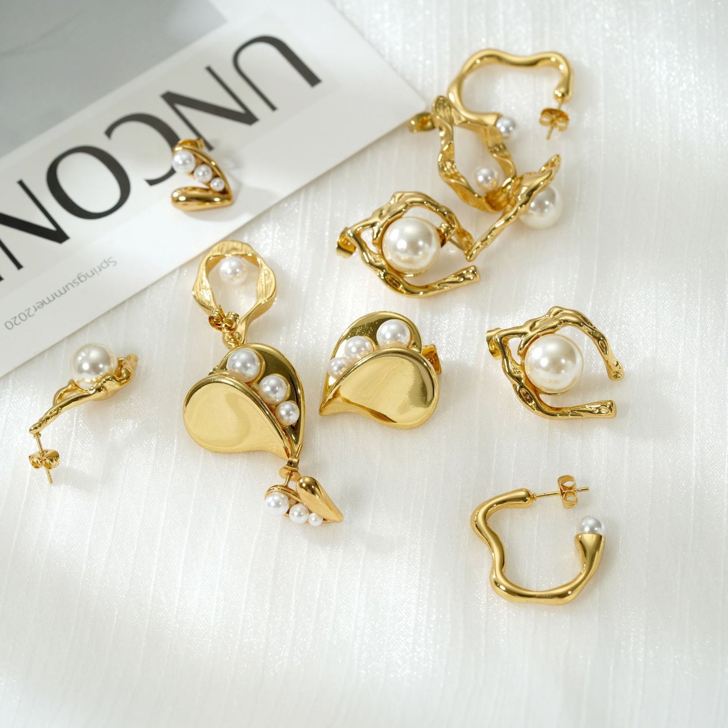 Stainless Steel Irregular 18k Gold-Plated Drop Earrings with Pearls