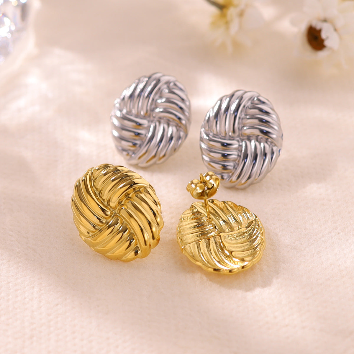 Simple fashion personalized woven texture earrings round geometric 18k gold plated stainless steel earrings