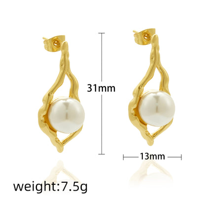 Stainless Steel Irregular 18k Gold-Plated Drop Earrings with Pearls