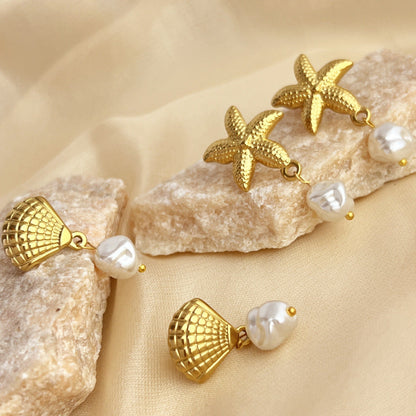 Stainless Steel 18K Gold Plated French Vintage Fashion Summer Seaside Vacation Style Natural Pearl Earrings