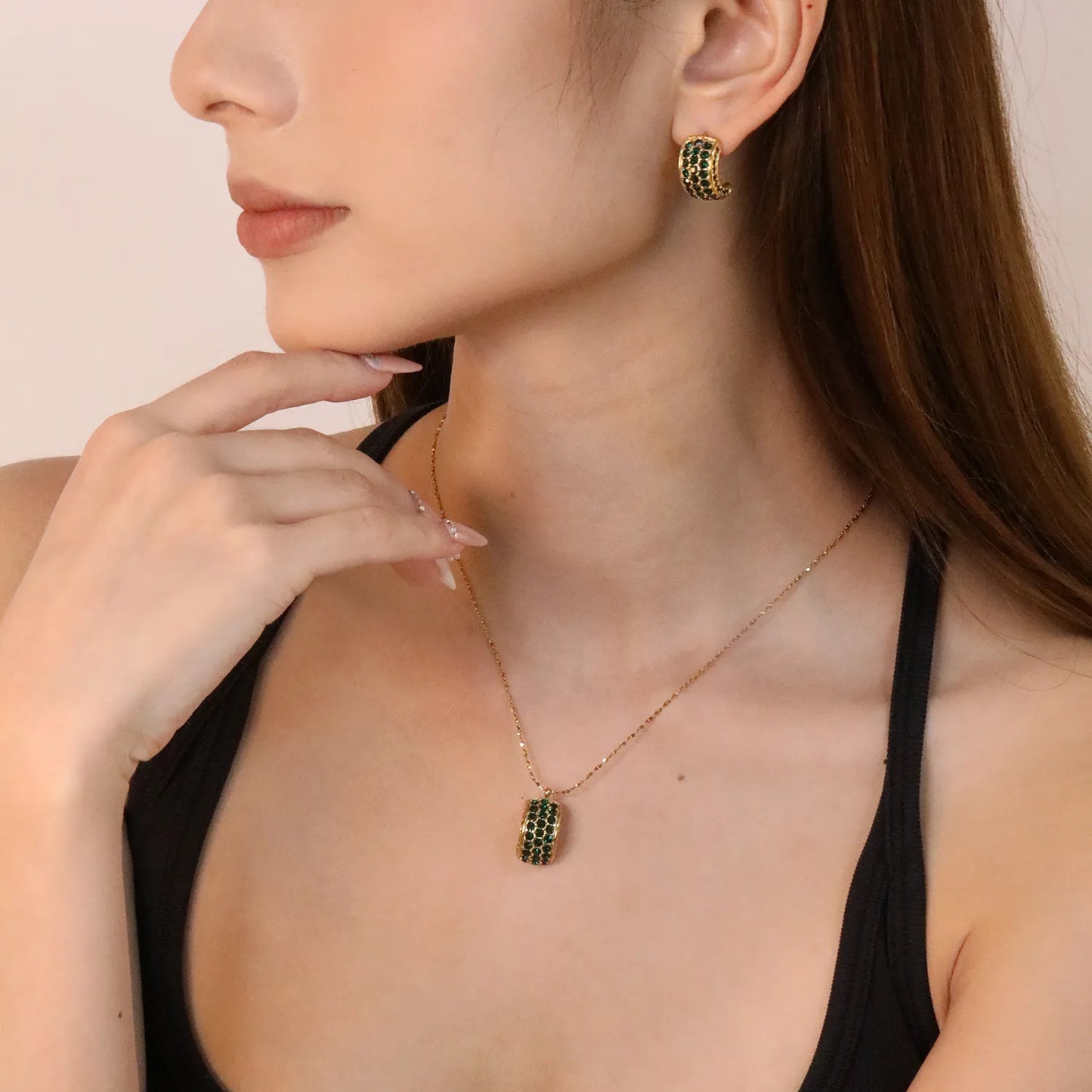 ✨ Wholesale PVD 18k Gold Emerald Green/White Zircon C-Shape Jewelry Set | Stainless Steel Earrings & Pendant