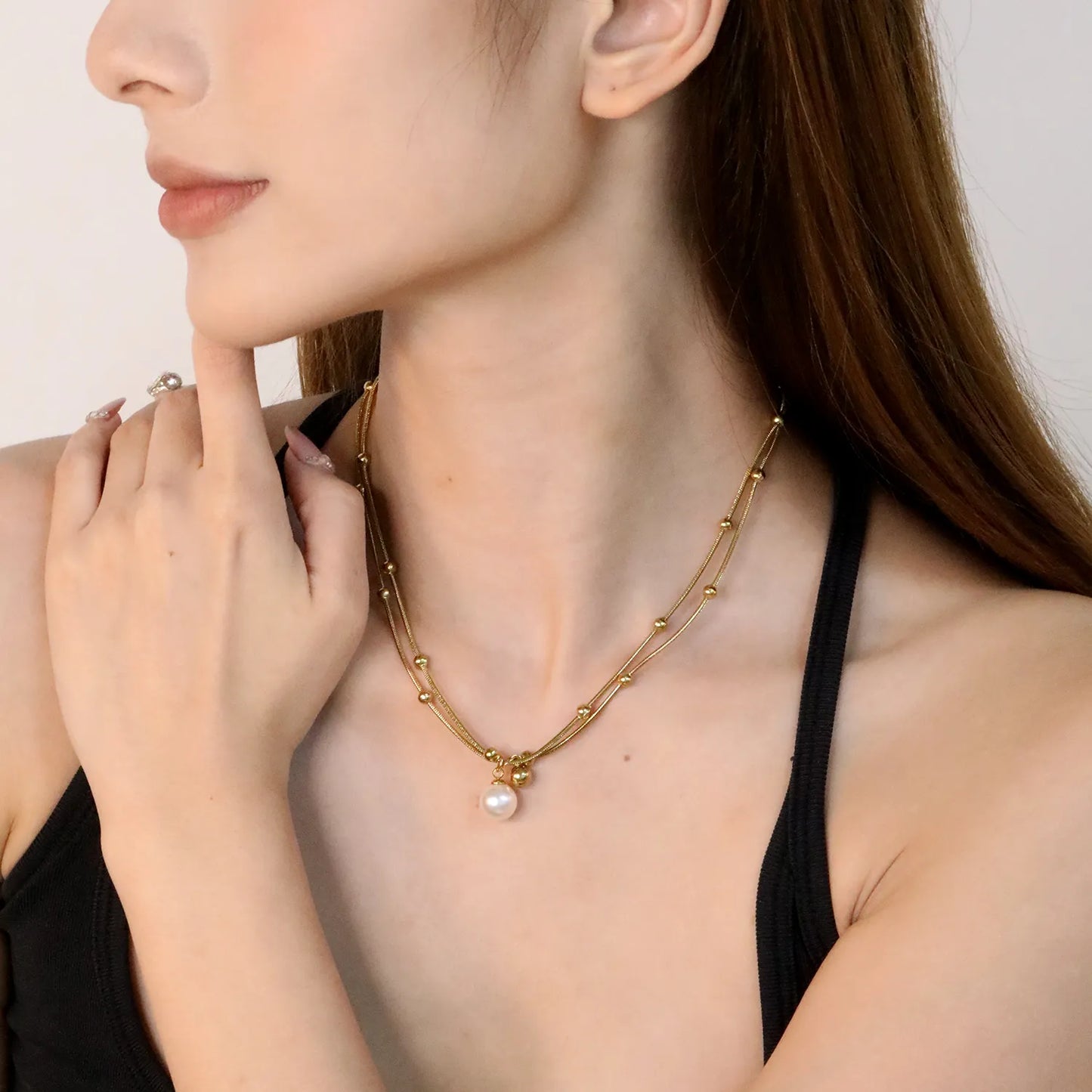 ✨ Wholesale 18k gold plated Pearl & Gold Bead Double Pendant Necklace | 10mm Pearl 6mm Bead 45cm