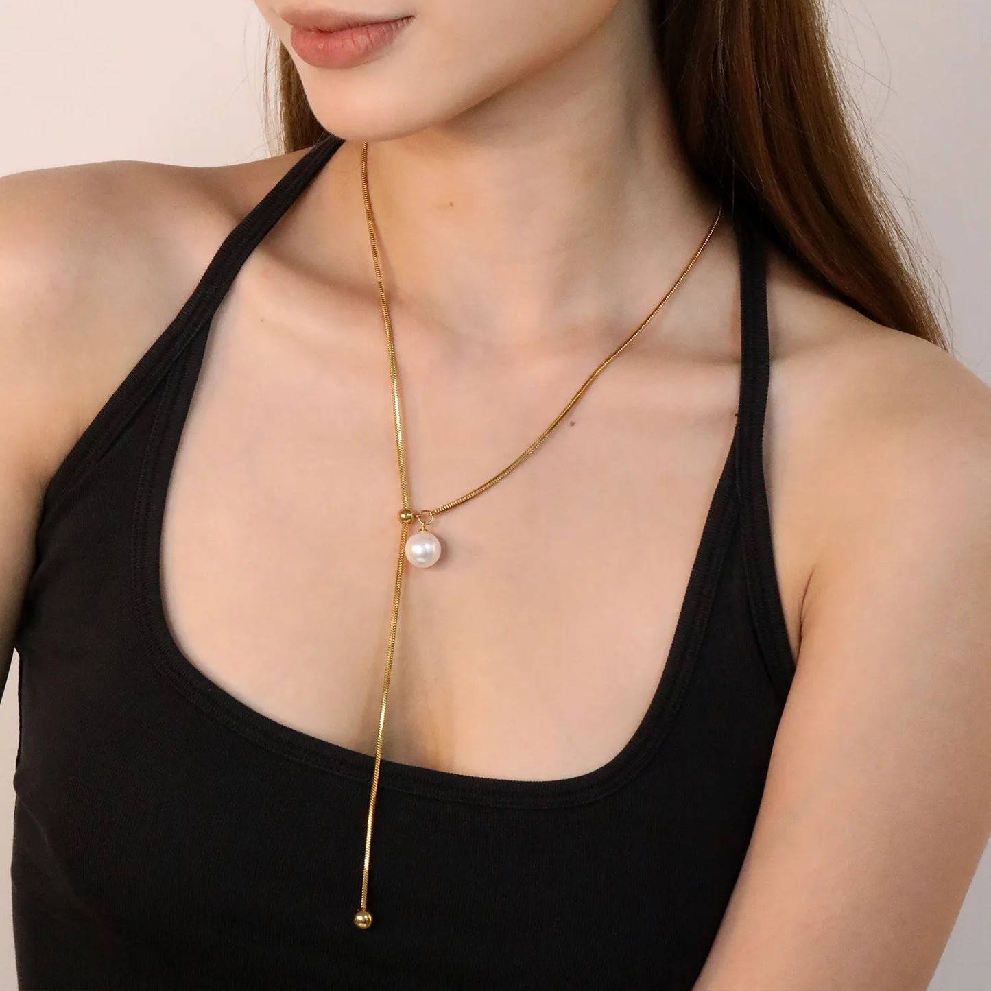 ✨ Wholesale Gold Stainless Steel Adjustable Chain Necklace | 13mm Artificial Pearls & 7mm Dual Ring Pendant, 65cm Lightweight Chain, 13.4g, Minimalist Jewelry Bulk