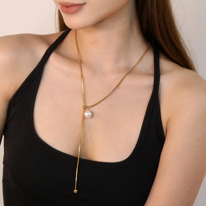 ✨ Wholesale Gold Stainless Steel Adjustable Chain Necklace | 13mm Artificial Pearls & 7mm Dual Ring Pendant, 65cm Lightweight Chain, 13.4g, Minimalist Jewelry Bulk