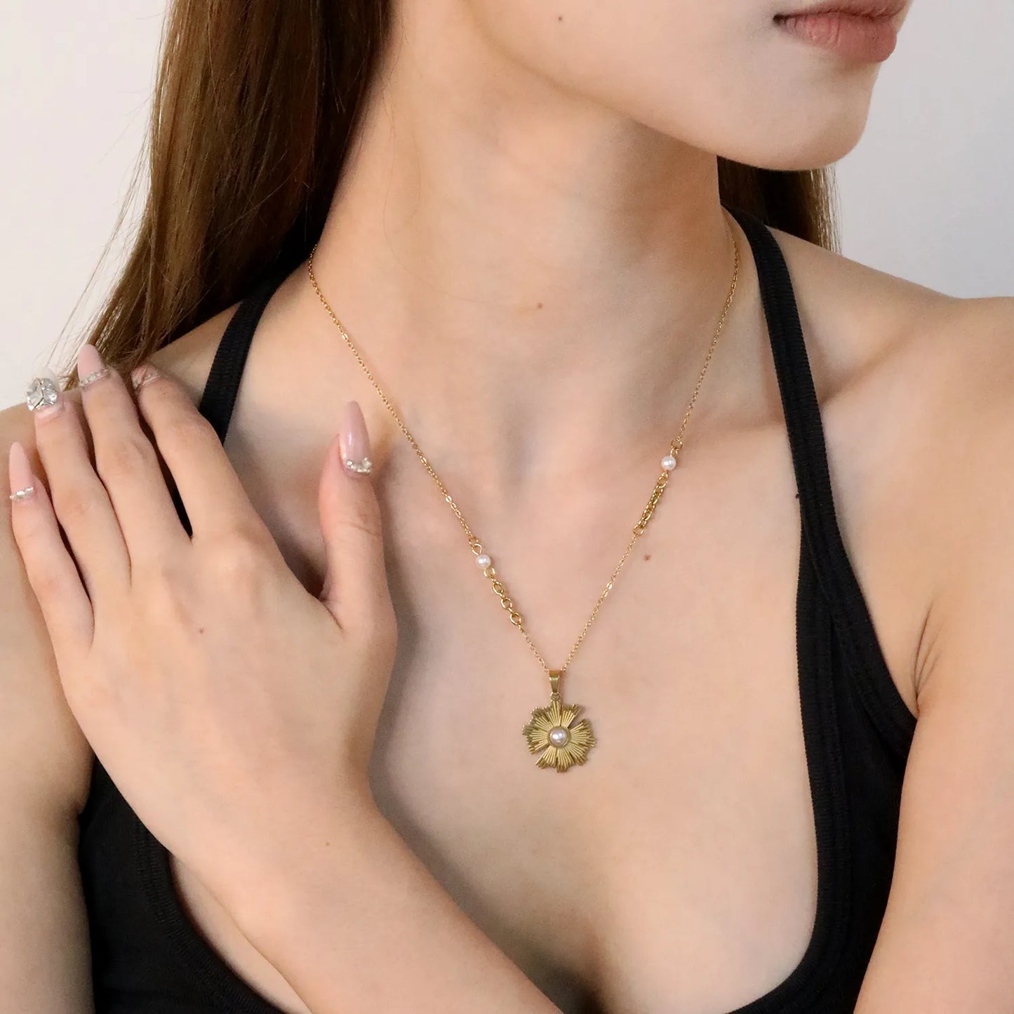 ✨ Wholesale 20x19.7mm Sunflower Pearl Pendant Necklace | Gold Plated 4mm Pearl Chain 40+5cm