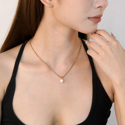 ✨ Wholesale PVD 18k gold 9x11mm Pearl Pendant Necklace | 2mm Gold Bead Chain 40+5cm Elegant Jewelry Bulk