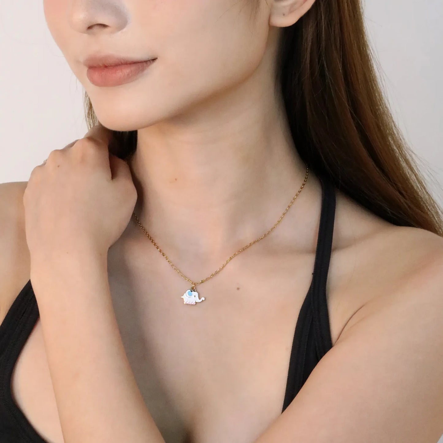 ✨🐘 Wholesale Elephant Necklace with White Enamel | Lucky Animal Pendant | Gold Plated Stainless Steel Chain 40+5cm | Cultural Symbol Jewelry Bulk