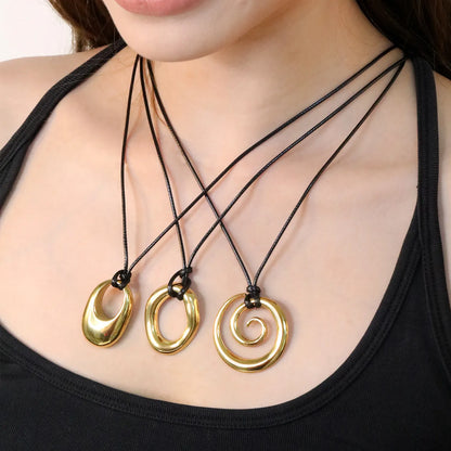 ✨ Wholesale Gold Stainless Steel Irregular Circle Pendant Necklace | 29x35mm Abstract Design, Black Rope Chain 60cm + 6mm Round Tag, Unisex Jewelry Bulk