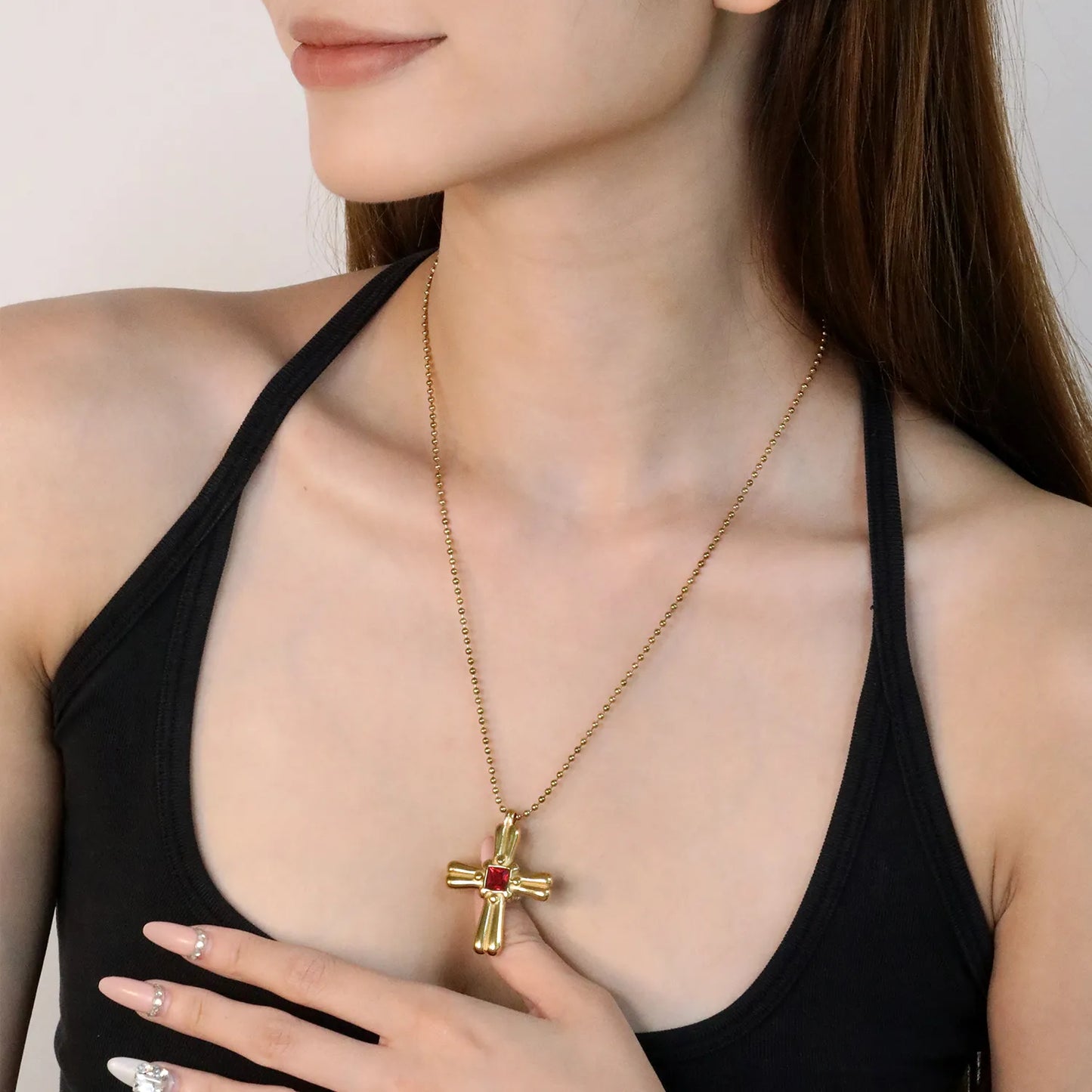 ✨ Wholesale 18k gold plated 31x42mm Red Zircon Cross Pendant Necklace | 3mm Gold Bead Chain 50+5cm Statement Jewelry