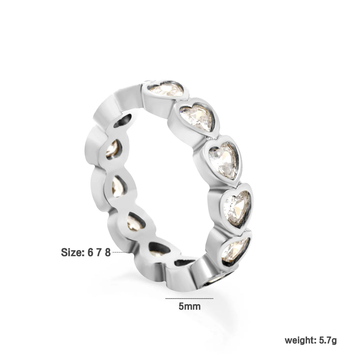 Full Eternity Heart Cut CZ Band Ring | 2 Finishes Gold & Silver | Sizes 6/7/8 | 5mm Width | Hypoallergenic Stainless Steel Ring | Wholesale MOQ 12
