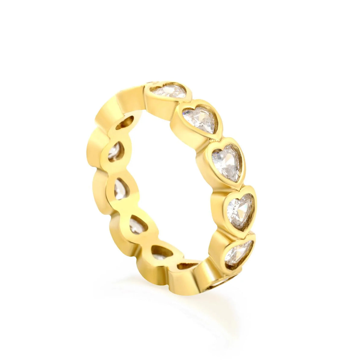 Full Eternity Heart Cut CZ Band Ring | 2 Finishes Gold & Silver | Sizes 6/7/8 | 5mm Width | Hypoallergenic Stainless Steel Ring | Wholesale MOQ 12