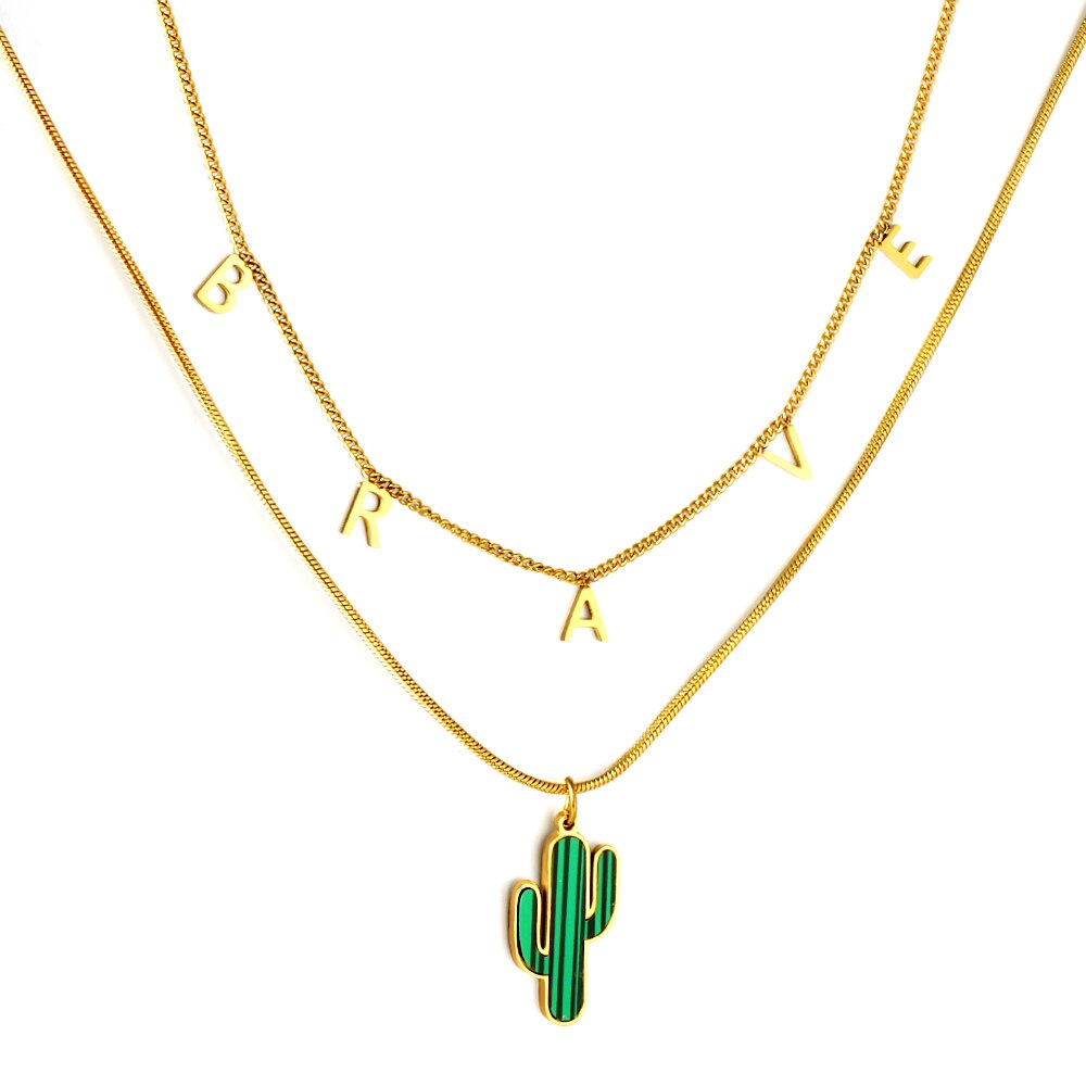 Green Pendant Collier For Woman Cactus Triple Necklace Trendy Products Gifts For Friend Couple Link Chain Necklace