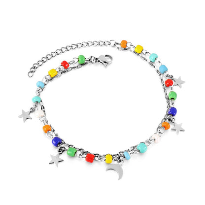 ASON Trendy Mixed Color Beads Moon And Star Accessories Multi-layer Chains Anklet Gold Color Stainless Steel For Women Gift