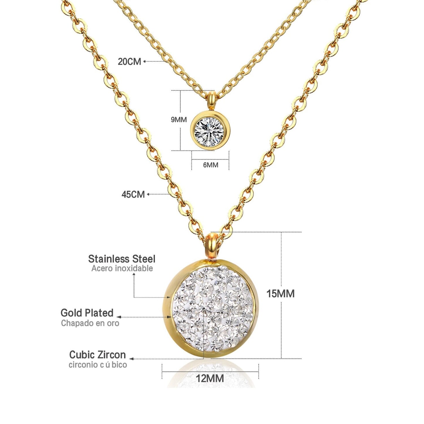 Double Layer Chain Pendants Necklaces For Women Girls Gold Color Silver Tone Stainless Steel CZ Crystal Round Choker
