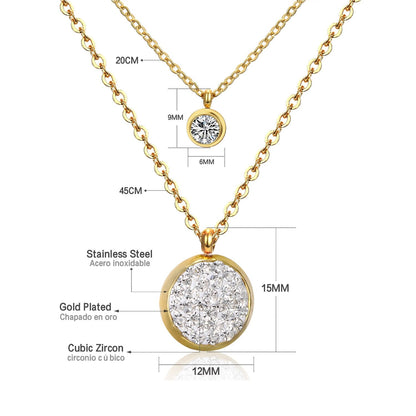 Double Layer Chain Pendants Necklaces For Women Girls Gold Color Silver Tone Stainless Steel CZ Crystal Round Choker