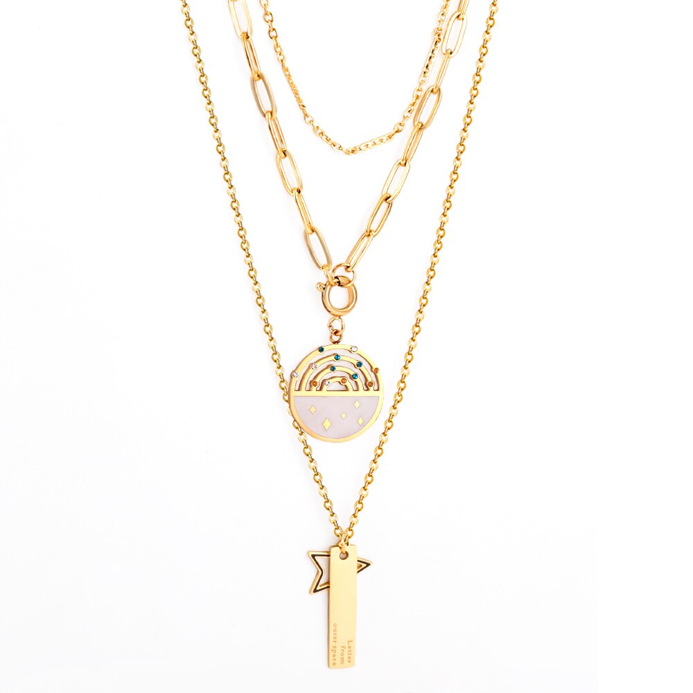 Statement Necklace No Fade Gold Color Stainless Steel Square Crystal Pendant Necklace Women Hiphop Layer Necklaces