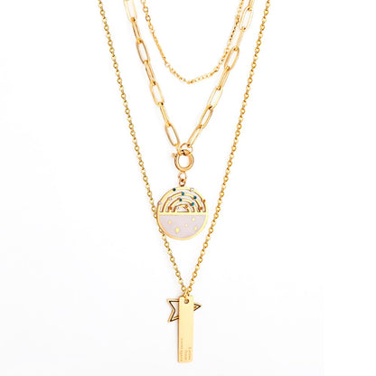 Statement Necklace No Fade Gold Color Stainless Steel Square Crystal Pendant Necklace Women Hiphop Layer Necklaces