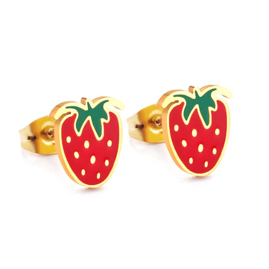 Enamel Girls Kids Small Earrings Stainless Steel Gold Color Push Back Strawberry Stud Earring Fashion Jewelry Party Baby Accessorie
