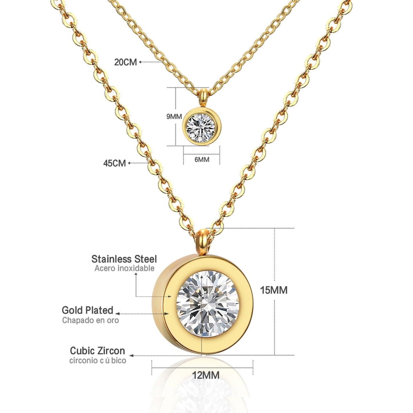 Double Layer Chain Pendants Necklaces For Women Girls Gold Color Silver Tone Stainless Steel CZ Crystal Round Choker
