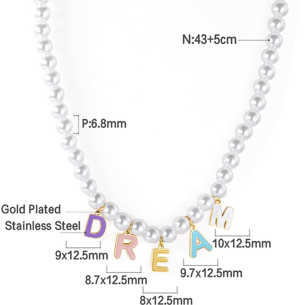 ASON Cute Imitation Pearl Necklace with STAR DREAM Letter Pendant Chains for Women Stainless Steel Jewelry Party Gift