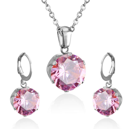ASON Bridal Jewelry Sets Round Cubic Zirconia Pendants Stainless Steel Drop Earring Fashion Accessories Mujer Party Wedding