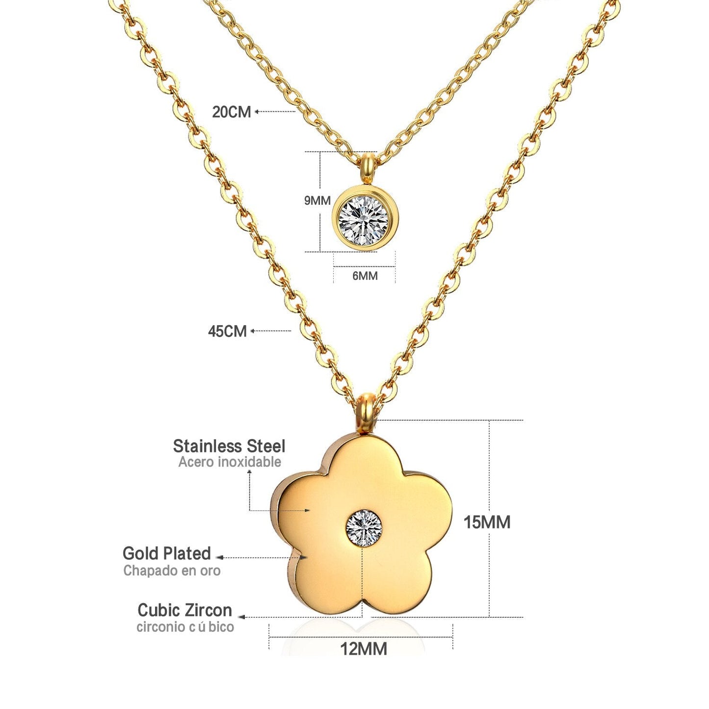Double Layer Chain Pendants Necklaces For Women Girls Gold Color Silver Tone Stainless Steel CZ Crystal Round Choker