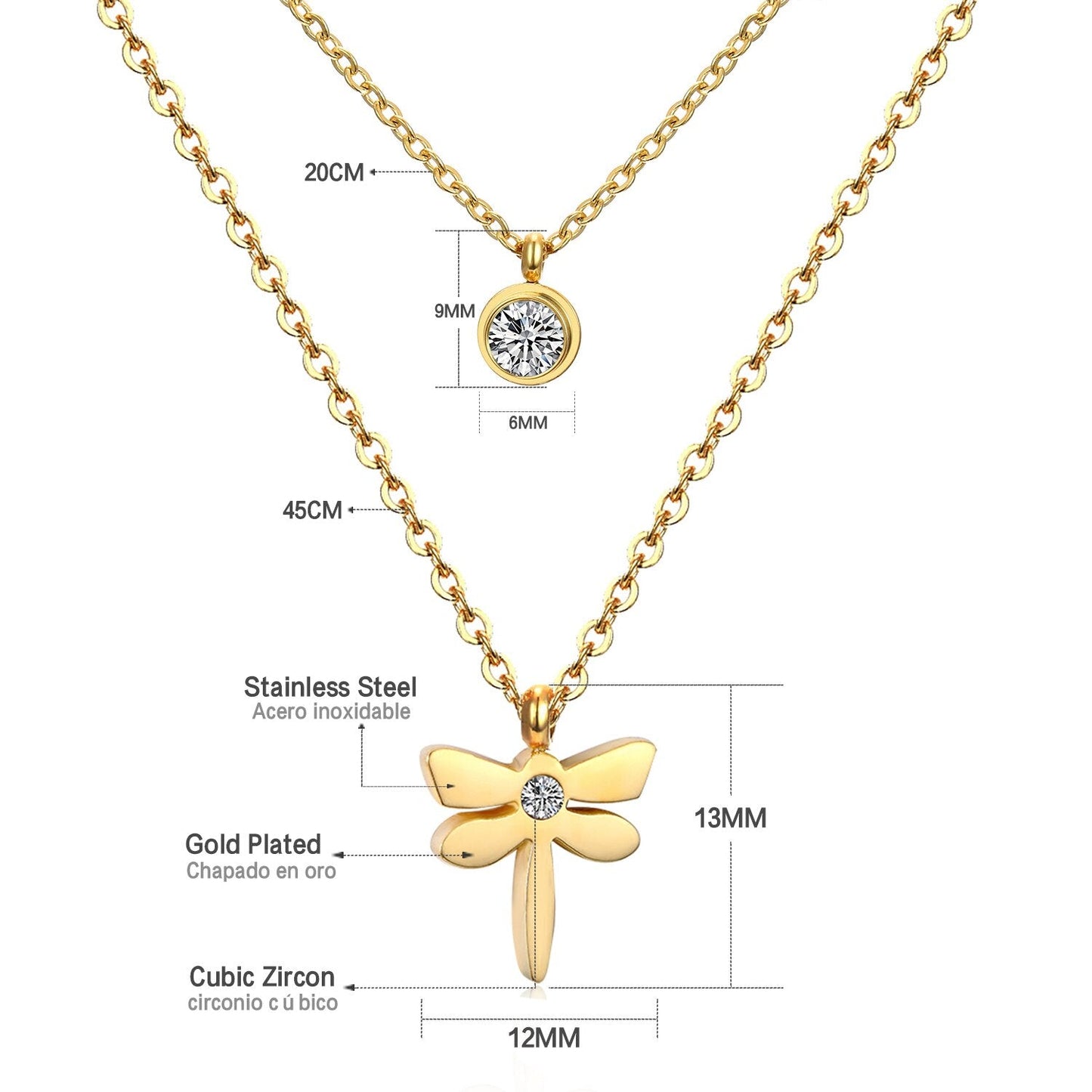 Double Layer Chain Pendants Necklaces For Women Girls Gold Color Silver Tone Stainless Steel CZ Crystal Round Choker