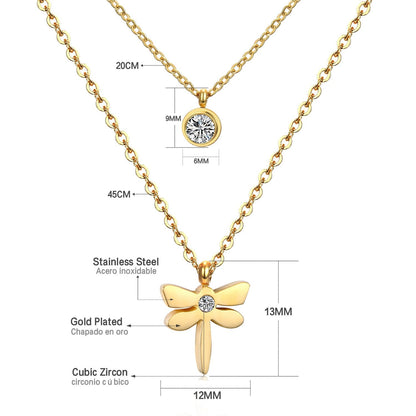 Double Layer Chain Pendants Necklaces For Women Girls Gold Color Silver Tone Stainless Steel CZ Crystal Round Choker