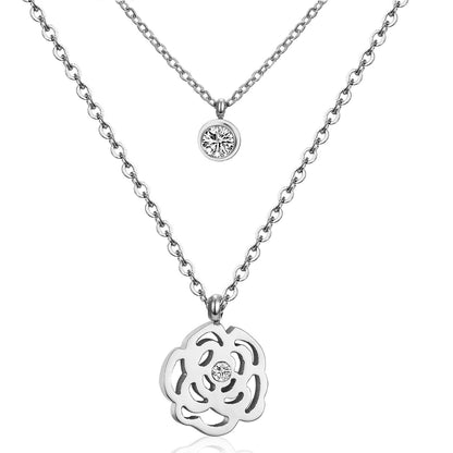 ASON Double Round Flower Pendant Necklaces Stainless Steel Link Chain Necklaces For Women Gold Color Accessories Chokers