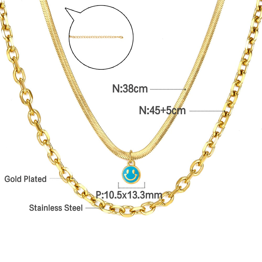 Vintage Multilayer Necklace For Women Stainless Steel Blue Evil Eyes Pendant Snake Figaro Chain Choker Y2k Jewelry