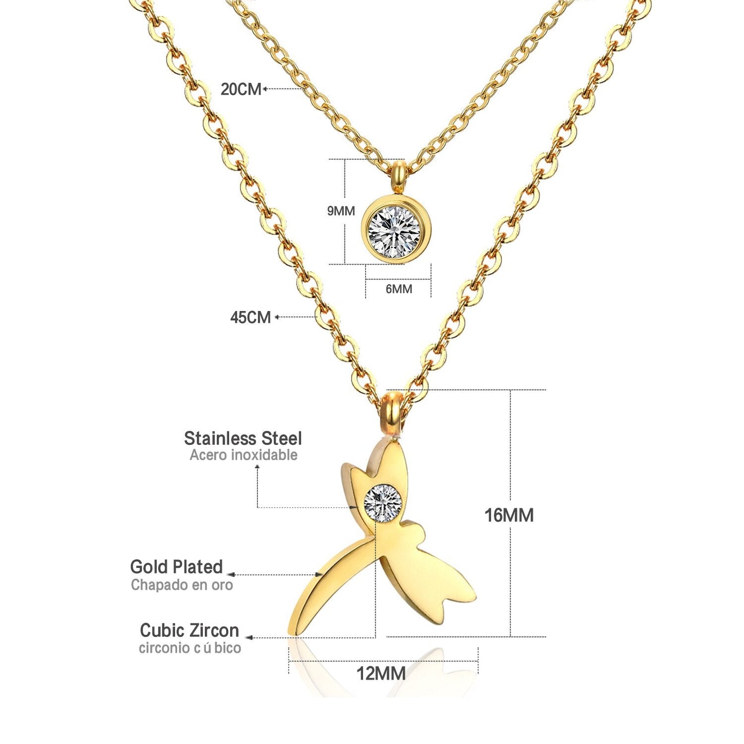 Double Layer Chain Pendants Necklaces For Women Girls Gold Color Silver Tone Stainless Steel CZ Crystal Round Choker
